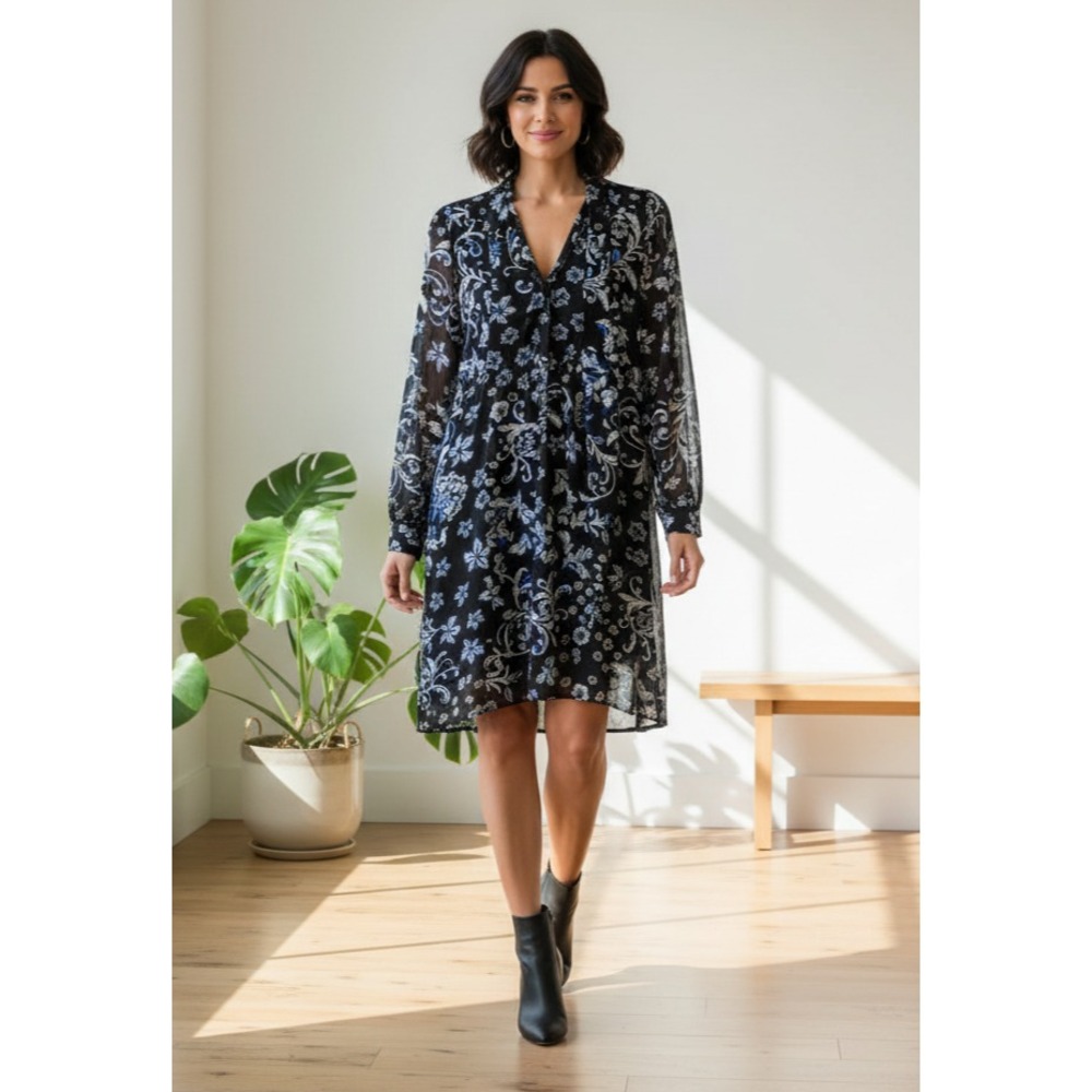 Roz Ali 4 Dress Black Blue Floral Tie Neck‎ Flowy Boho Coastal Cottage Office